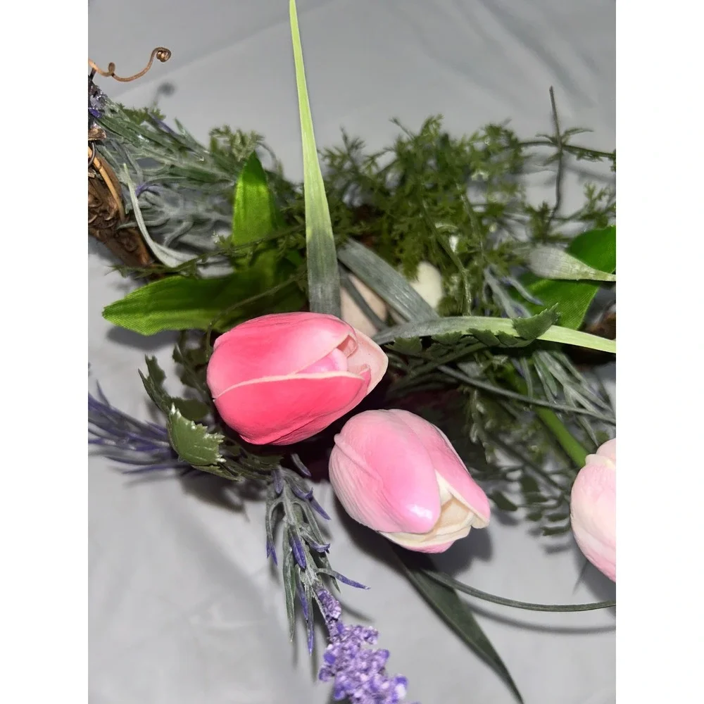 Easter Basket Floral Arrangement Pink‎ Tulips Lavender Nest Grapevine Decor New